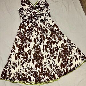 Robbie Bee Brown White Floral Midi Dress Lime Satin Trim Fit & Flare Size: 10